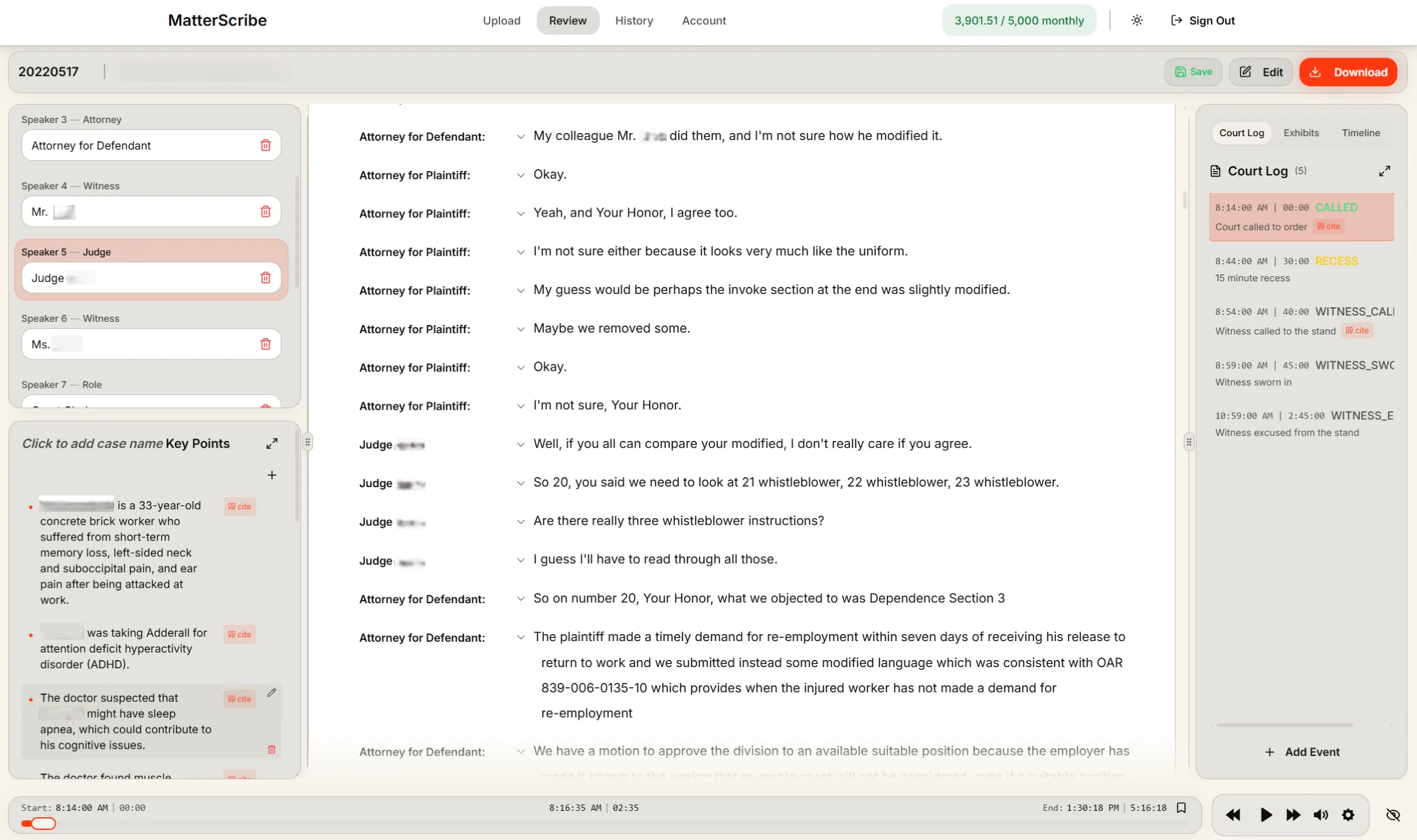 MatterScribe transcript review interface showing speaker identification, timestamped dialogue, and analysis